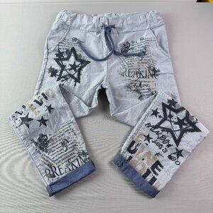 Bella Amore Size L Grey Blue Joggers Crop Pant Spell Out Artsy Italy Preppy